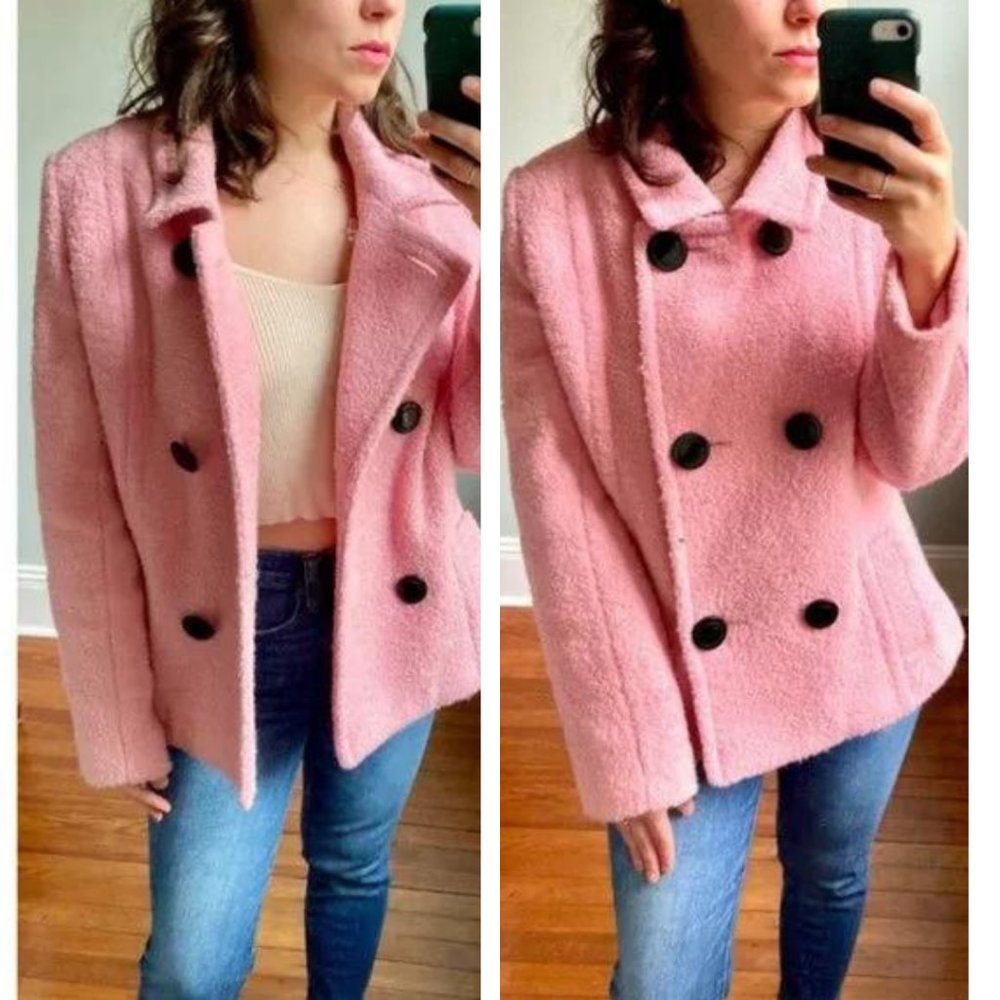 Vintage Y2K Pastel Bubble Gum Pink Fuzzy Fleece Wool Button Up Peacoat Jacket L